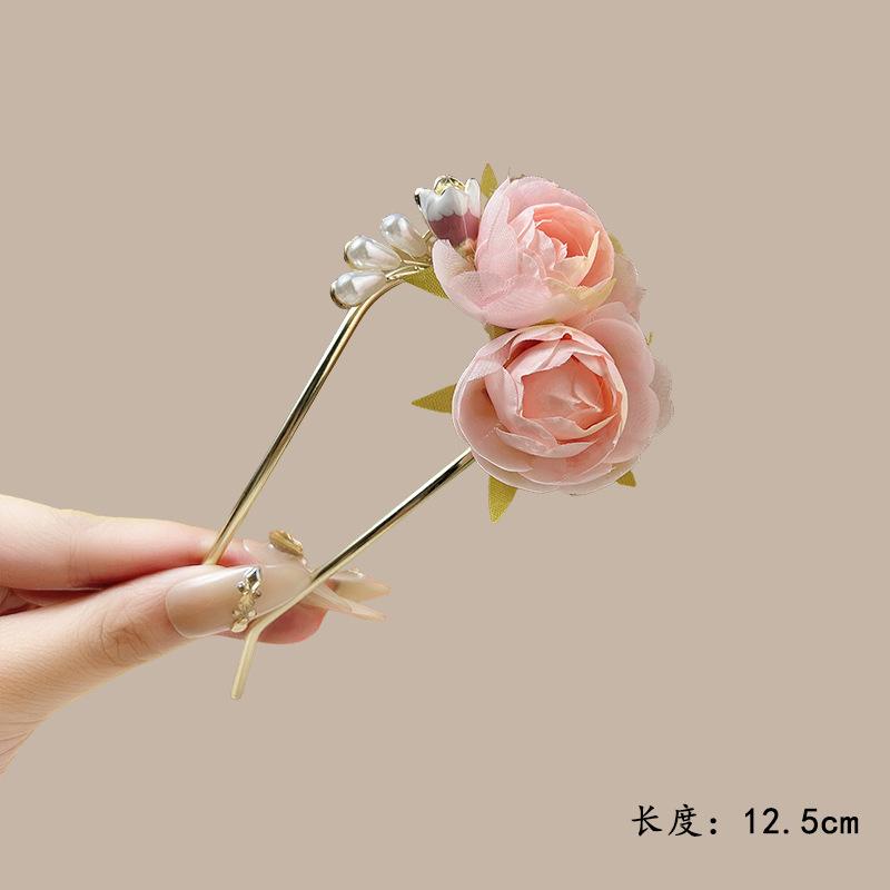 Elegant Flower Hairpin For Women Sweety Peony U Shaped Hair Stick Girls Fashionable Hair Accessories Gauze Floral Hair Pin NEW