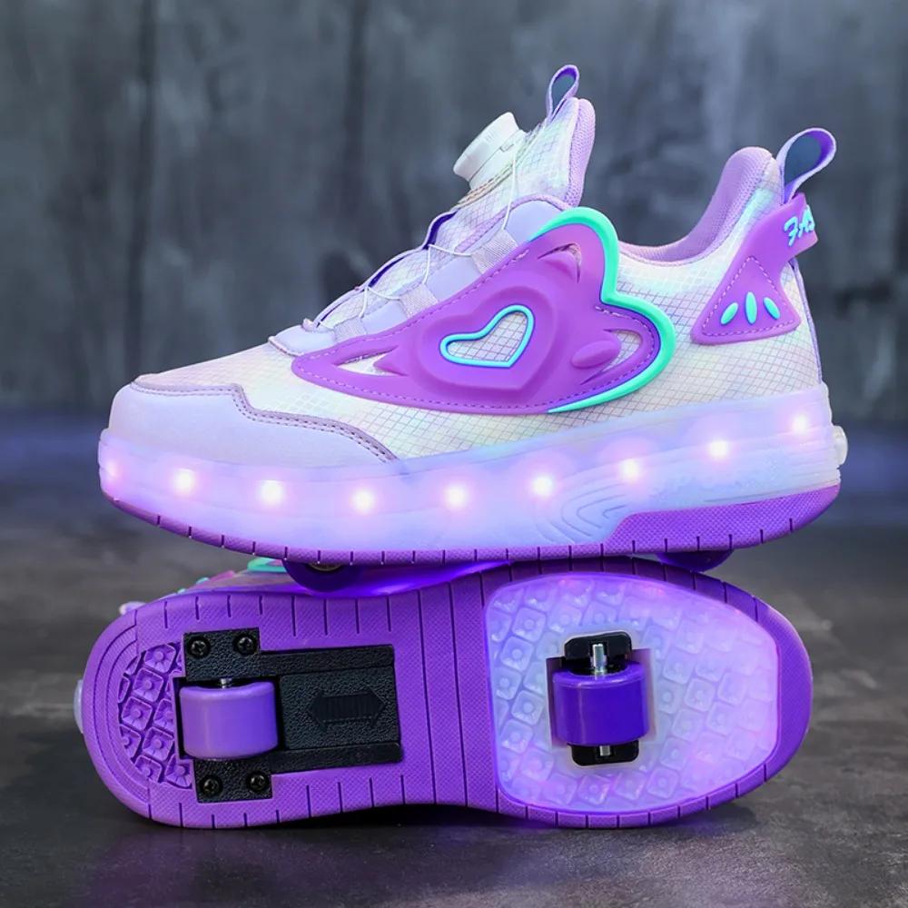 Dzieci Dwie Dziewczynki Kółka Świecące Luminous Sneakersy Obcasy Różowe Światło Led Buty Wrotki Dziecięce Buty Led Ładowanie USB Moda