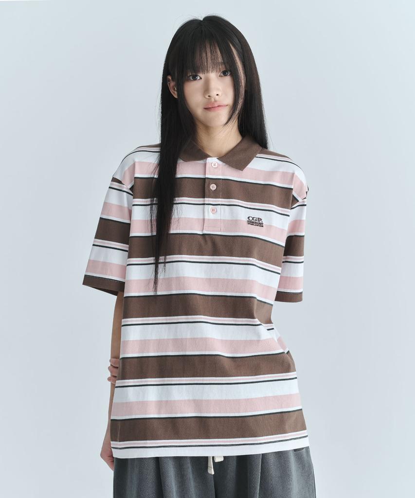 CGP Multi-Stripe Short-Sleeve Collared T-Shirt - Brown