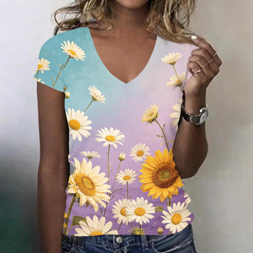 Women Casual V Neck Short Sleeve Floral Print T Shirt Lightweight Soft Fabric Comfortable Fit Summer Top