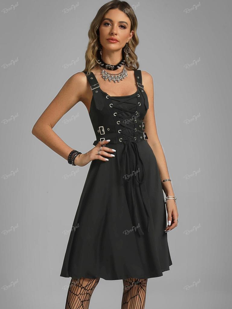 Rosegal Plus Size Lace Up Buckles A Line Ermeløs gotisk kjole