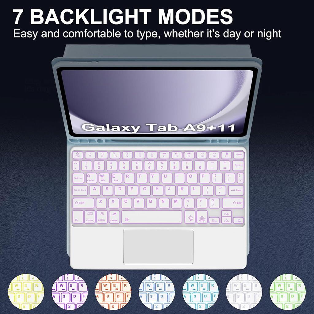 Samsung Tablet A9 Plus 11-Inch Leather Protective Case with Seven-Color Backlit Touchpad Bluetooth Keyboard and Pen Slot