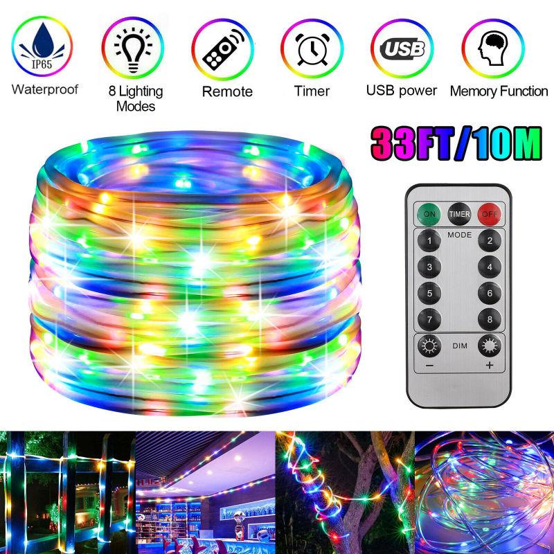 33ft/10m Led String Light 8 Modes Dimmable Waterproof Multi-color Outdoor Rope Strip Light With Remote Control