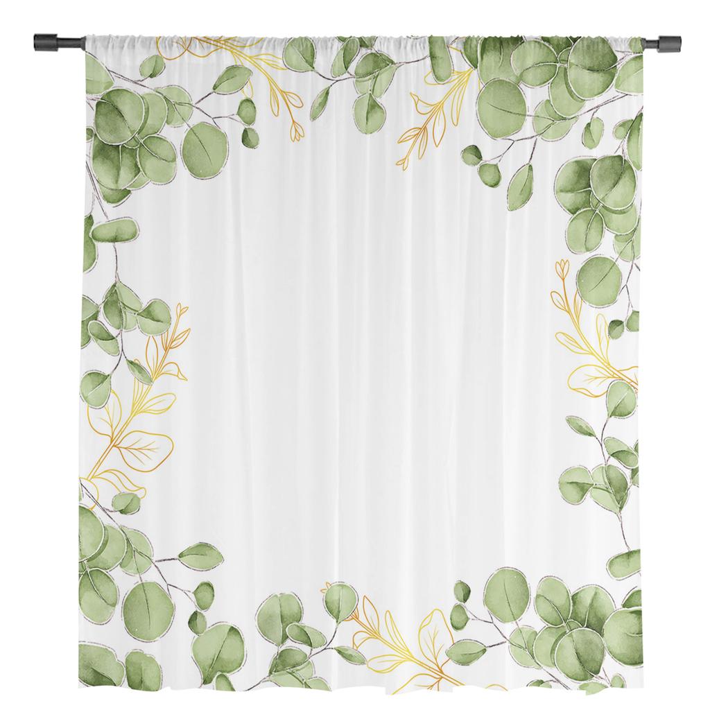 Summer Watercolor Eucalyptus Leaves Sheer Curtains for Living Room Decoration Window Curtains Kitchen Tulle Voile Curtains