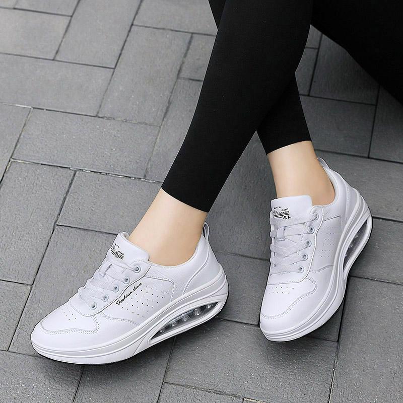 Fashion Women Fashion Sneakers Air Cushion Sports Shoes Pu Leather Blue Shoes White  Outdoor Walking Jogging Shoes Female Trainers