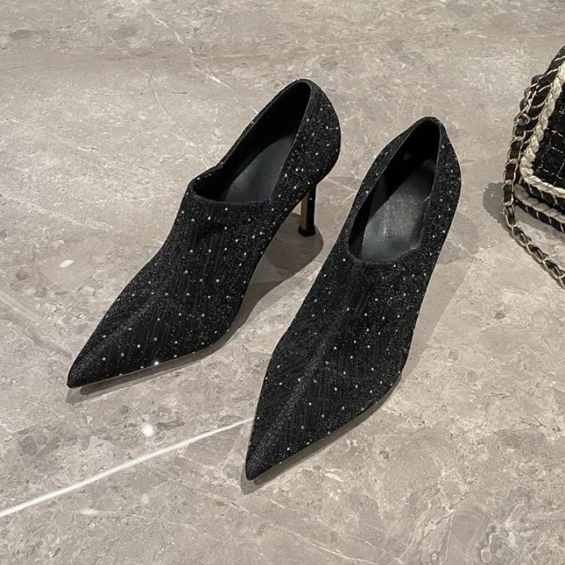 

Туфли-лодочки на высоком каблуке со стразами, сексуальные туфли на высоком каблуке с острым носком, роскошные свадебные туфли с жемчугом и кристаллами, туфли невесты 34 чёрный