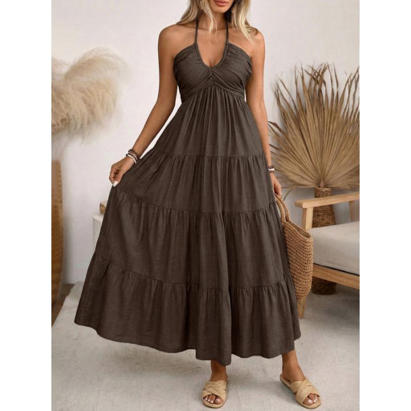 2026 Summer Hanging NeckPleated Elasticity Dress Loose Vacation Style A-line Dress Fashion Backless Slim Fit Sweet Dress Solid Color Clothing