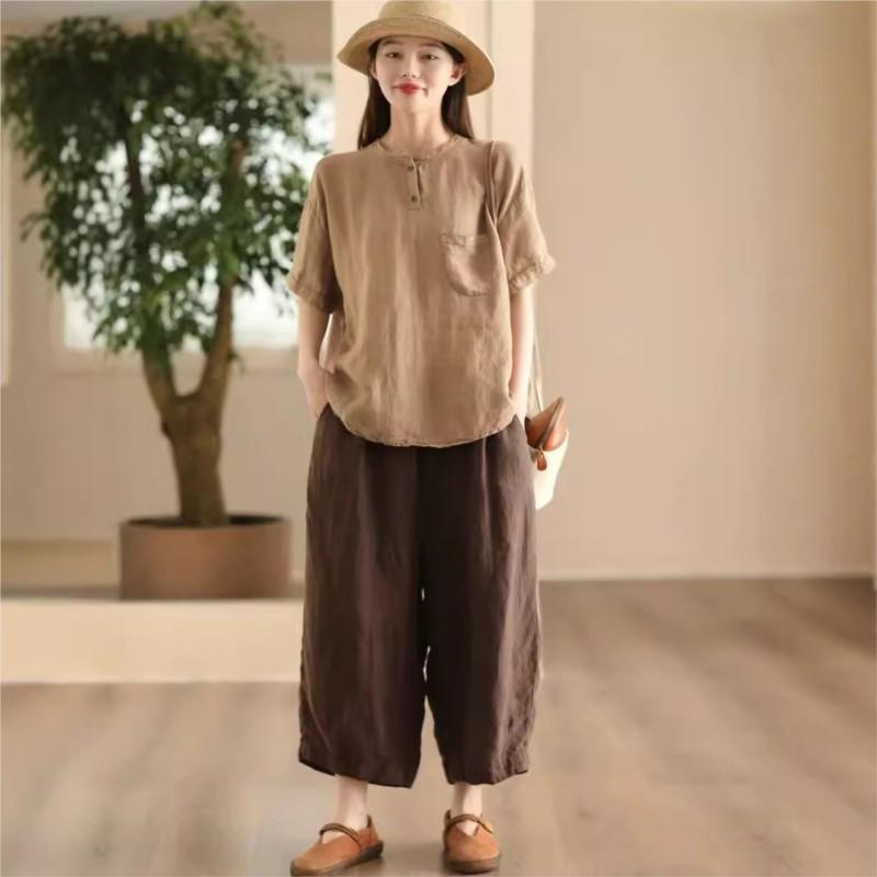 Johnature Women Vintage Patchwork Pockets T-Shirts O-Neck Short Sleeve Solid Color Summer Loose Casual T-Shirts
