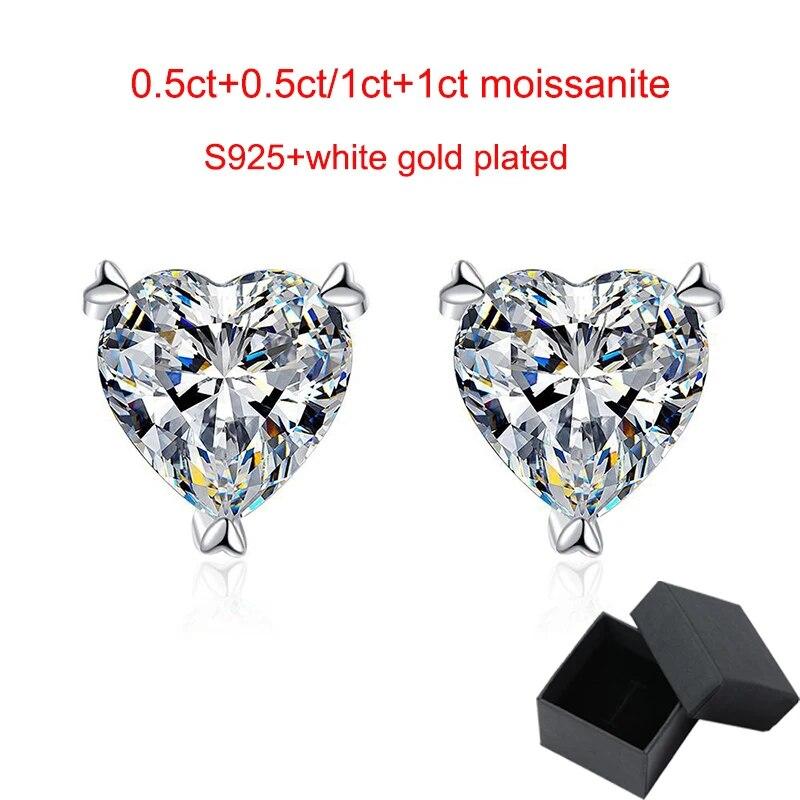 D Color 1ct Heart Cut Moissanite Stud Earrings for Women White Gold Plated 100% S925 Solid Silver Wedding Luxury Quality Jewelry
