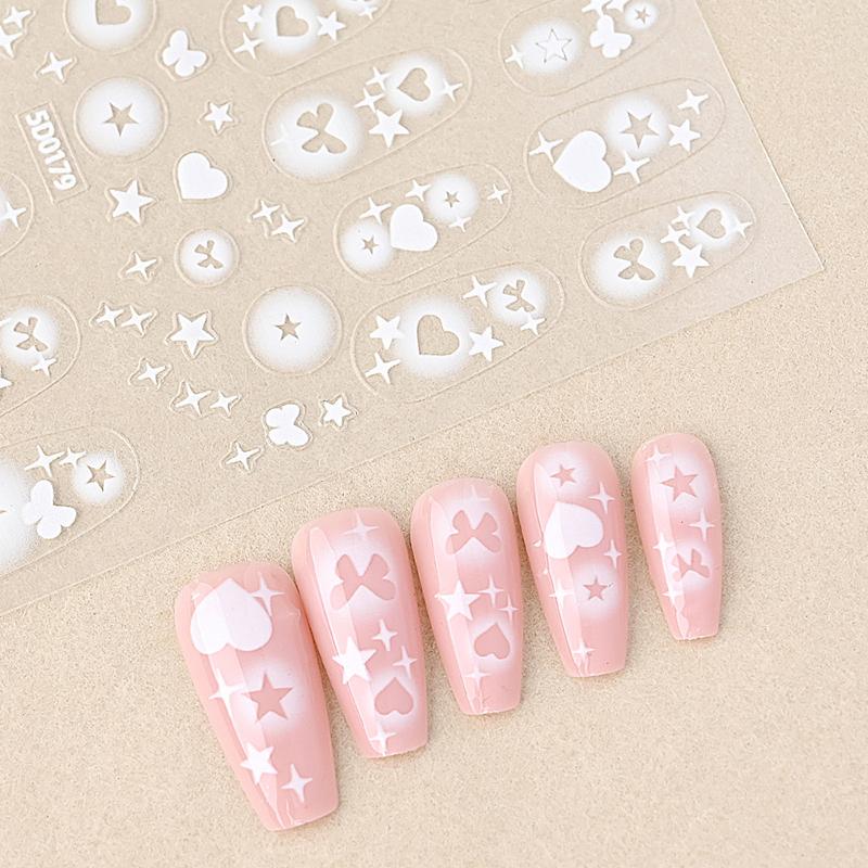 Halo Dyed Semi Transparent Hollow Butterfly Nail Sticker Love Star White Non Spray Nail Decoration Sticker