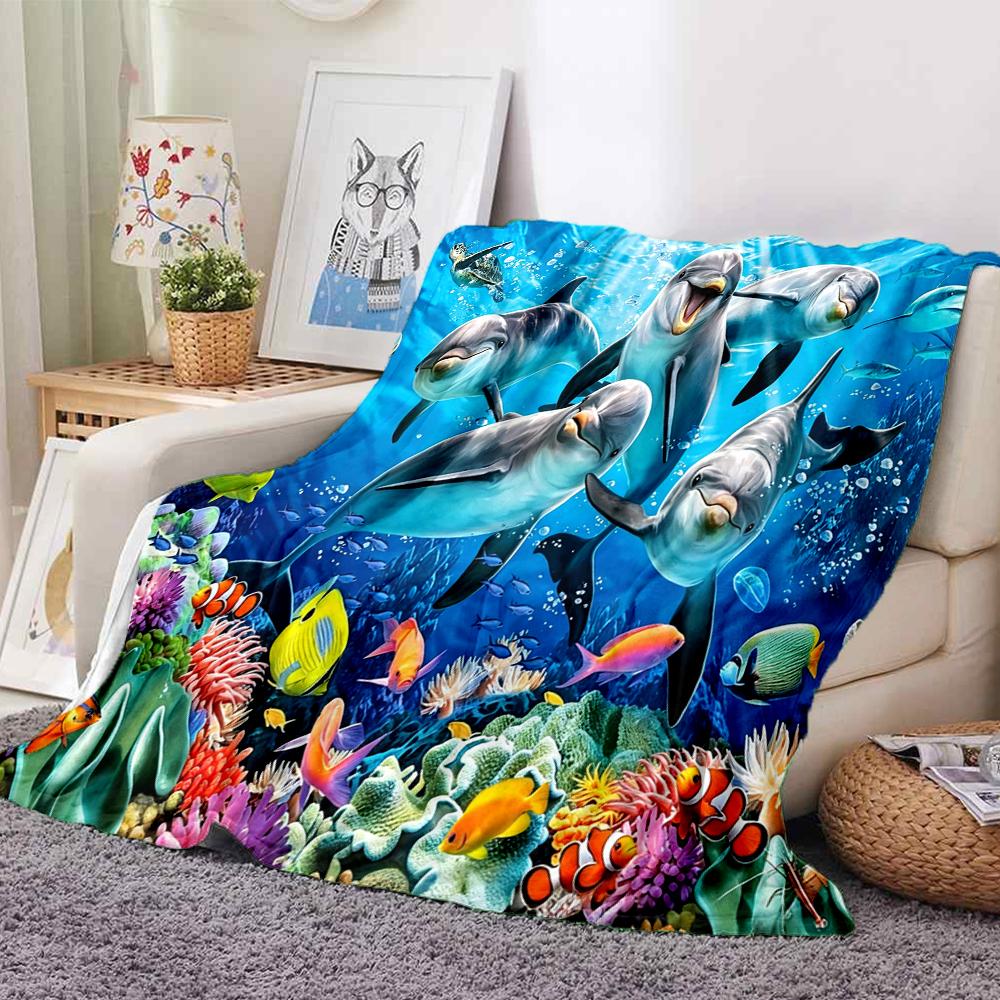 1Pc Oceanic Dolphins Fishes Blanket Soft And Comfortable Casual Warm Camping Travel Christmas Halloween Xmas Gift Em92410