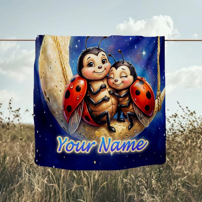 1PC Custom Name Ladybugs Moon flannel blanket versatile,all-season throw suitable for the living room,bedroom,camping,travel,and gift