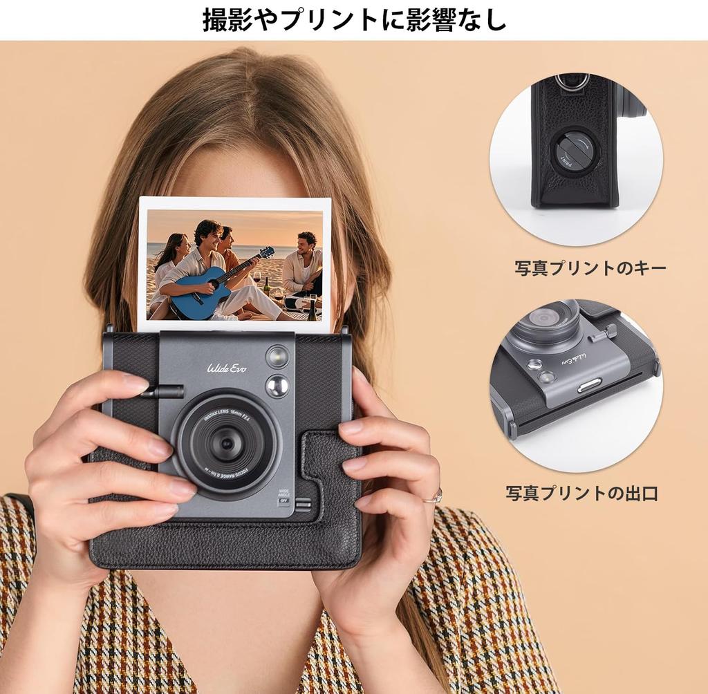 kinokoo Instax Wide Evo Case, Protective Bag for Fuji Instax Wide Evo, PU Leather with Adjustable Shoulder Strap and Storage Pocket (Black)