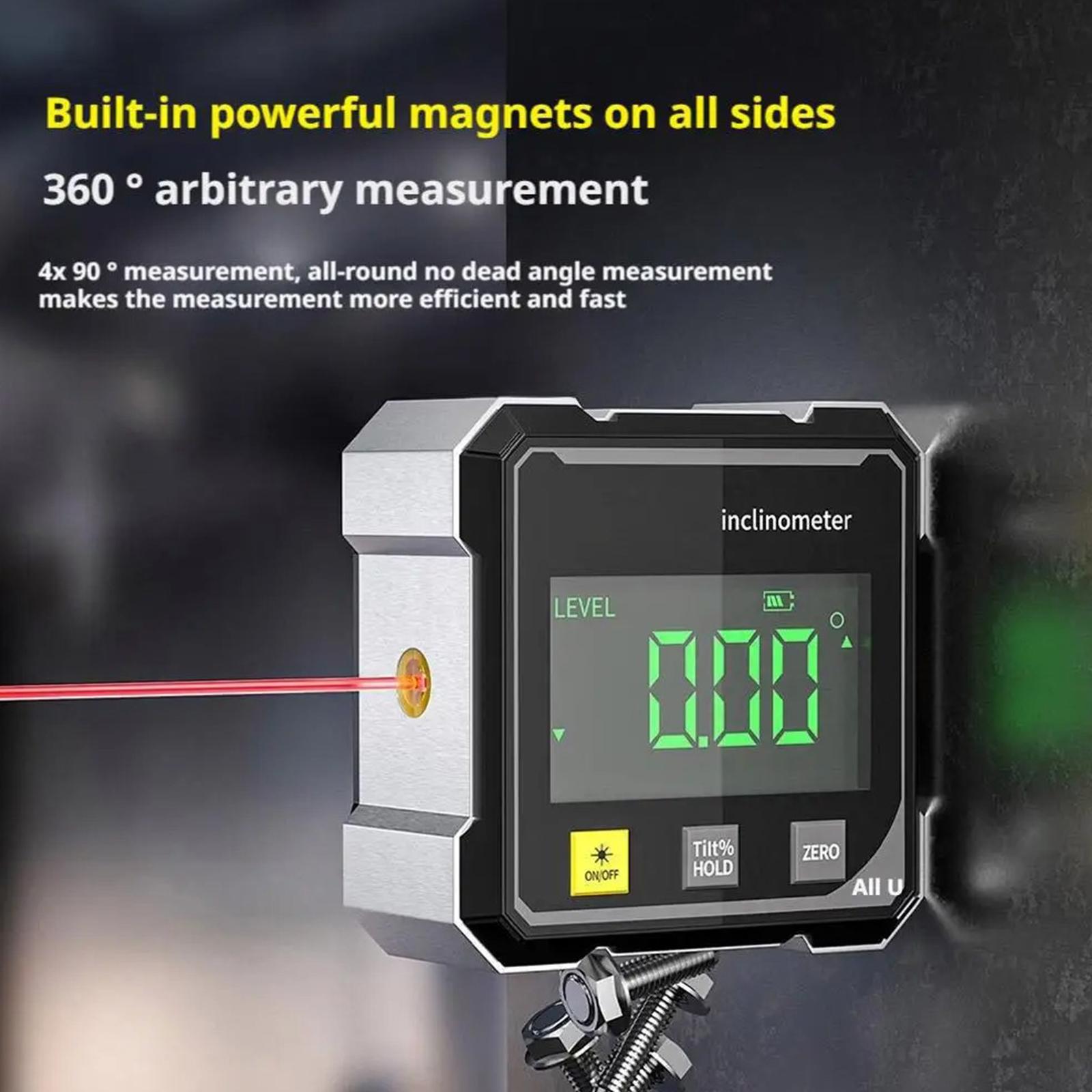 4-Sided Magnetic Inclinometer USB Charging Digital Angle Measure Instrument LED Screen Slope Measuring Meter Woodworking Tools nero