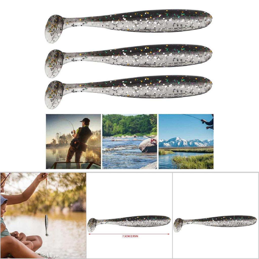 20PCS 7.5cm Soft Plastic Fishing Lures t tail Grub Worm Baits Fish Tackle Accessory(Black)