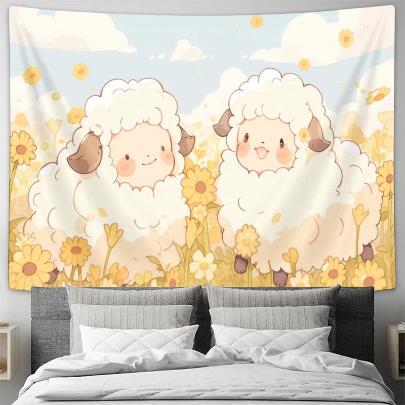 Cute Cartoon Lamb Tapestry  Warm and Playful Childrens Bedroom Decorative Hanging Rug