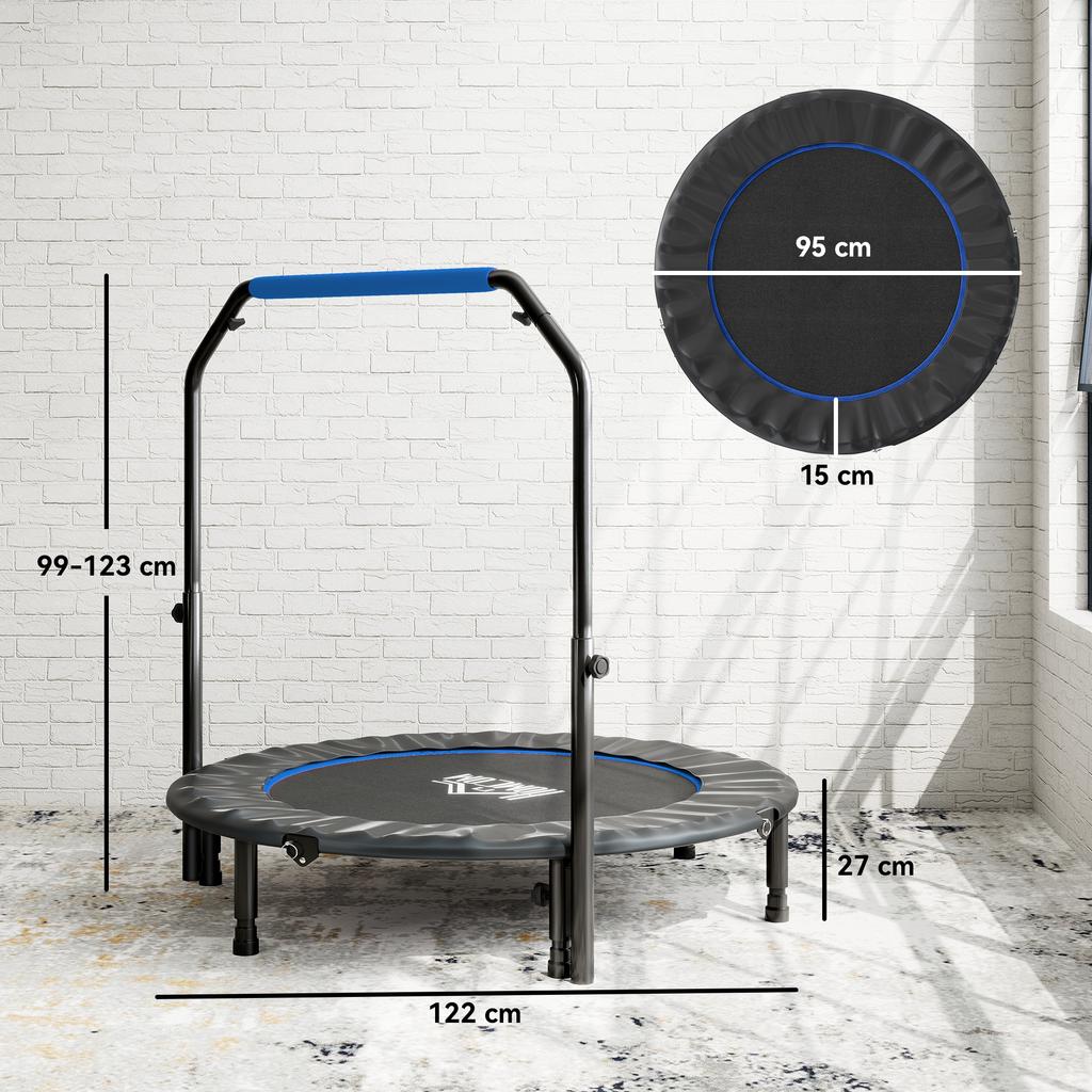 Fitness Trampoline, Dia 122 Cm, Folding, 4-Level Adjustable Handle, Black and Blue