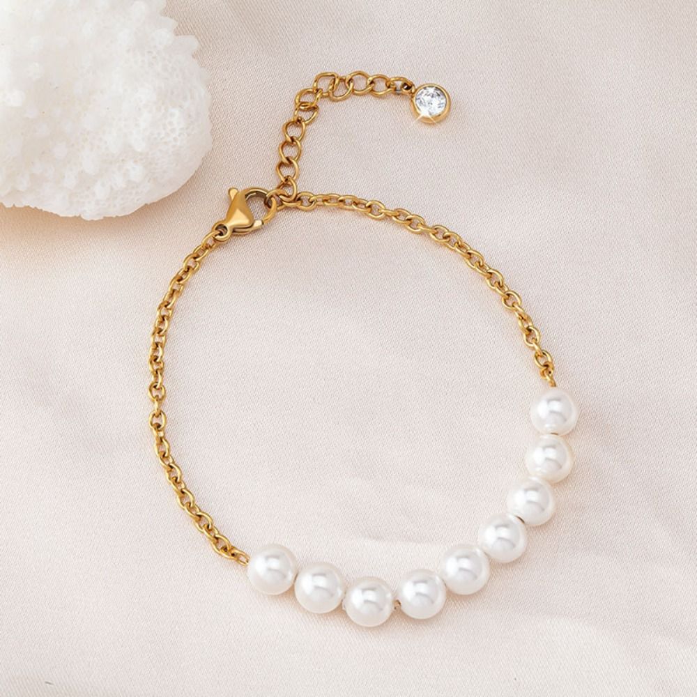 Steel Chain Pearl Bracelets Gold Color Beads Bracelets Dainty Simple Thin Pulseras  Party Wedding