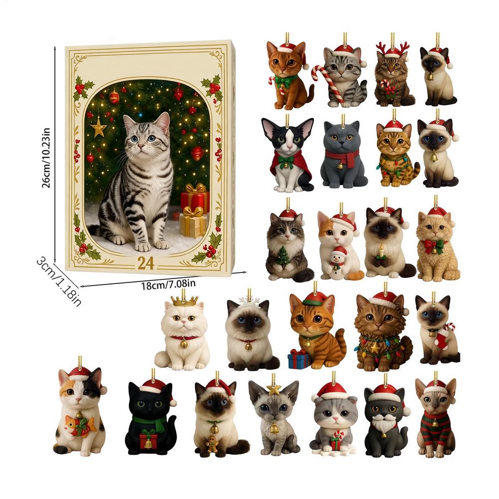 Cat Advent Calendar 2025 24 Days Christmas Countdown With 24 Different Breeds 2D Acrylic Cute Kitten Christmas Tree Ornaments