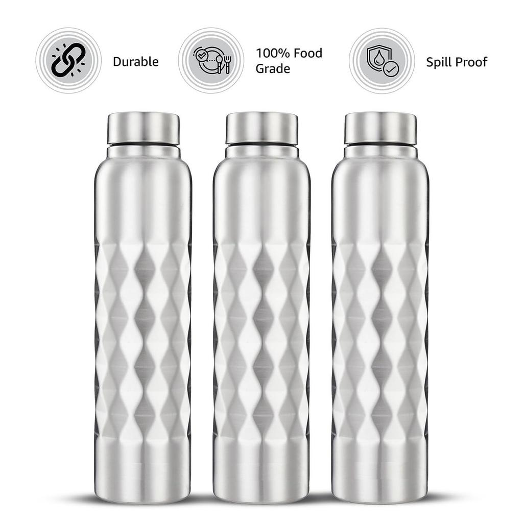 Stainless Steel Cubix Water Bottles Set of 3, 1L Each | Rust-Resistant, Shatter-Proof, Spill-Proof | Food Grade Steel | Office, School, Travel |