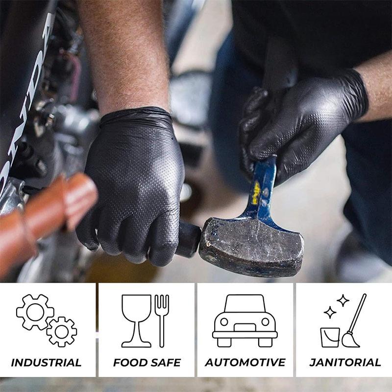 Heavy Duty Black Nitrile Gloves 8Mil Industrial Disposable Gloves with Diamond Textured Grip for Mechanic Safety & Work Gloves