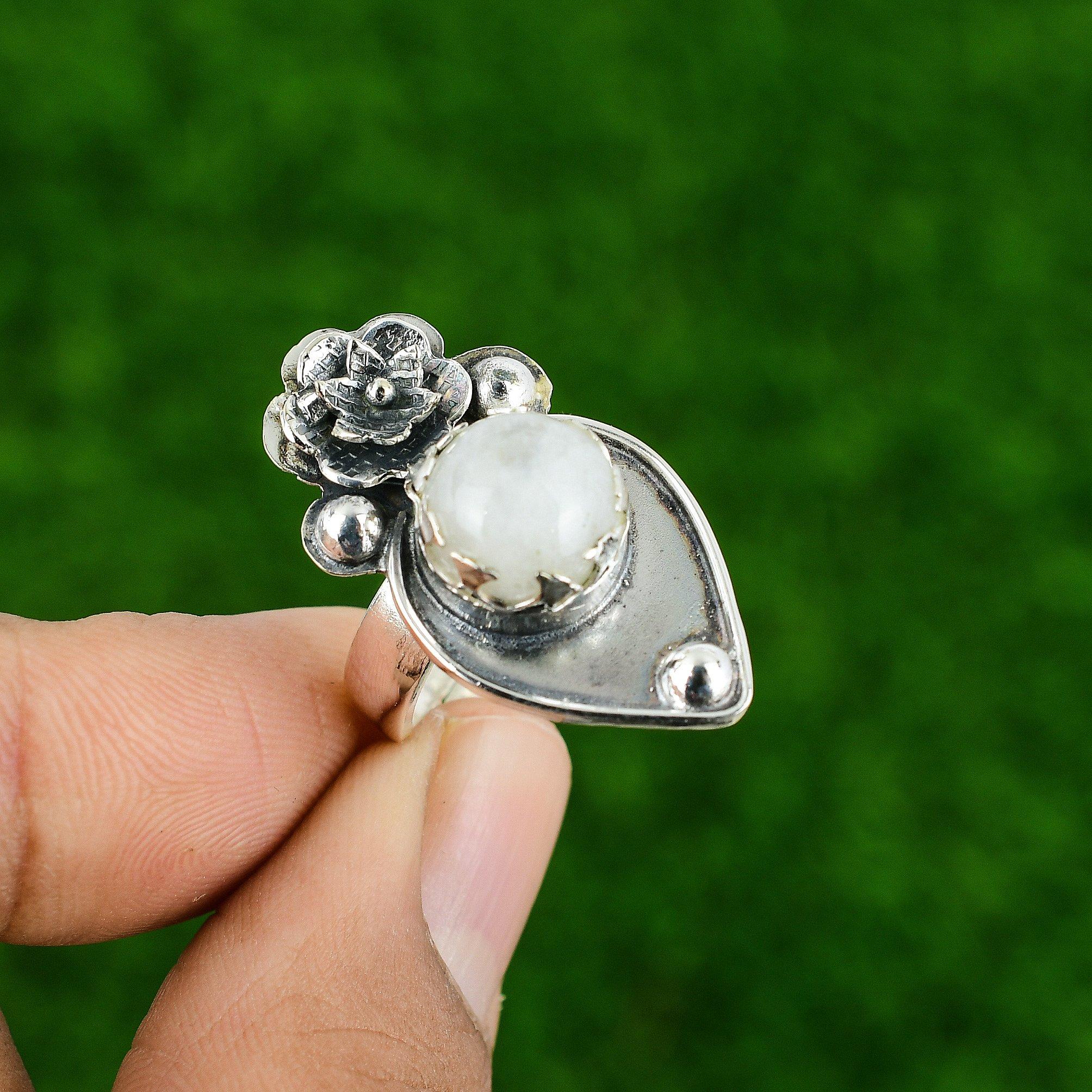 

Natural Rainbow Moonstone Multi Stone Flower Adjustable Ring 925 Silver Adjustable