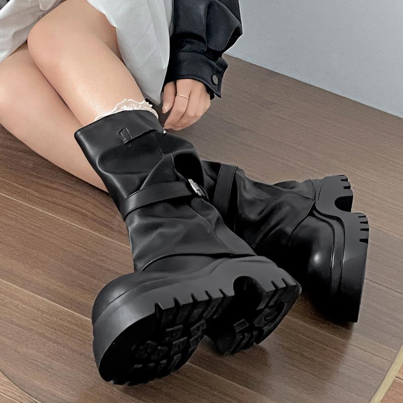 Winter Vintage Platform Thick Sole Woman Pipe Ankle Boots Design Belt Buckle Shoes Punk Style Leather Short Bottes Femmes