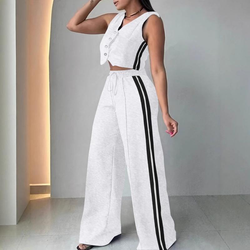 Women's Loose Fit Two Piece Set Sleeveless Crop Top Elastic Waist Wide Leg Pants Tracksuit