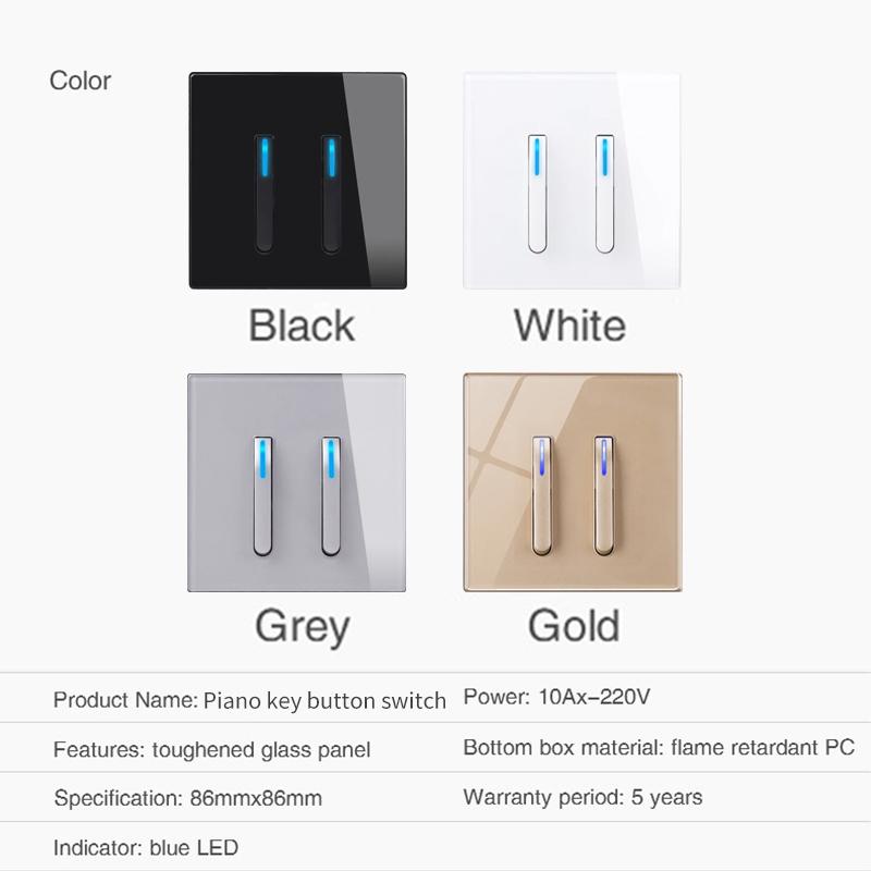 White Wall Lamp Tempered Glass International Switch Self-Reset Led Indicator Light Piano Keys Wall Lamp Panel 1-4gang 1Way 2Way