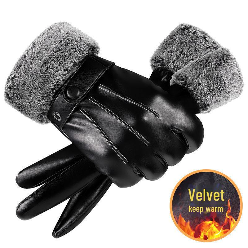 

Зимові теплі плюс оксамитові товсті лижні рукавички Велосипедні шкіряні рукавички з сенсорним екраном Three-line rough edge half leather