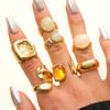 Vintage Trend Colored Resin Geometric Open Ring Set for Women Personality Metal Wrinkling Adjustable Ring Punk Party Jewelry Set