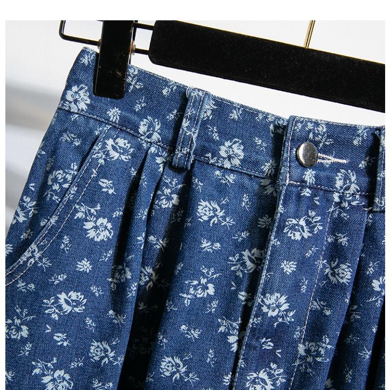 DIMANAF 2025 Übergröße Herbst Winter Damen Lange Röcke Elastischer Bund Unterteile Übergröße Druck Floral Blau Denim