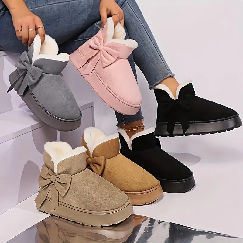 Cozy Plush-Lined Winter Snow Boots for Men and Women - Elegant Bow Detail, Soft Sole, Indoor/Outdoor Fashion Slippers