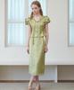 OPENING SUNSHINE Set - Satin Jacquard Tie Blouse + H Midi Skirt Olive
