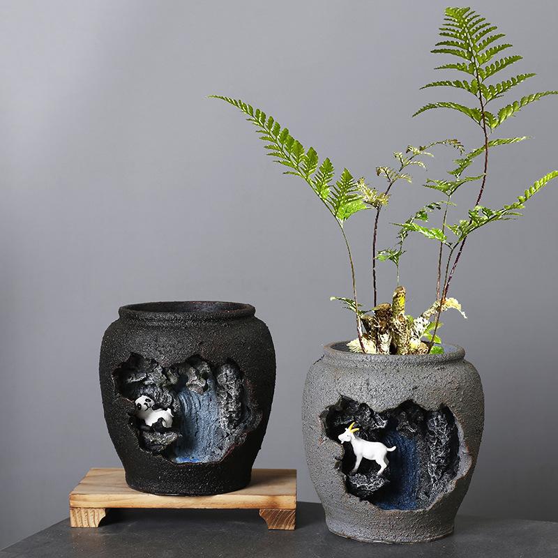 Retro Creative New Chinese Style Succulent Flowerpot Resin Landscape Decoration Desktop Indoor Balcony Potted Plant