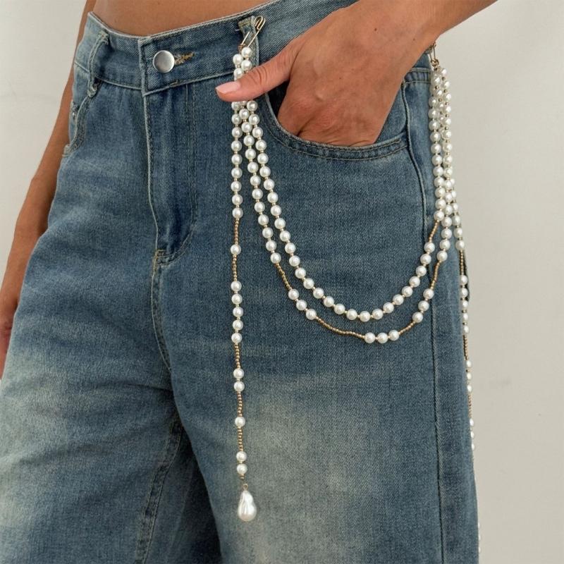 Clip On Waist Chain Accessory with Layered Pearls Look Draped Chains, Decorative Outfit Accent for Party and Festival Wear