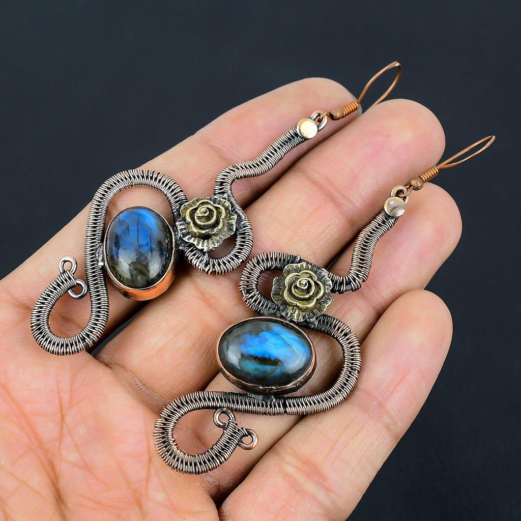 Labradorite 999 Copper Wire Wrapped Earrings, Handmade Gemstone Earrings Jewelry, Gifts For Wife Brand New Earrings