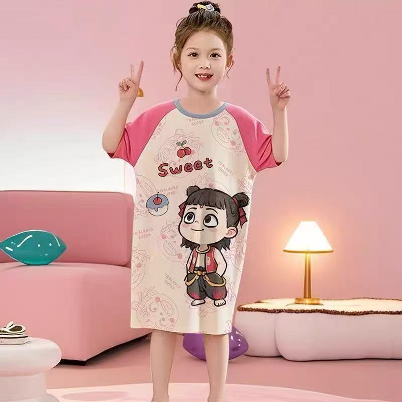 Girls' Summer Princess Pajama Dress - Short Sleeve, Loose Fit, Lightweight Sleepwear for Kids.