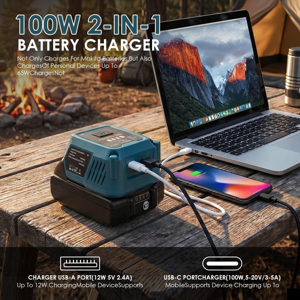 1 In1 111W Battery Charger Power Adapter Compatible for Makita/Dewalt/Milawukee/Bosch Battery with USB-A/C for Phones Tablets
