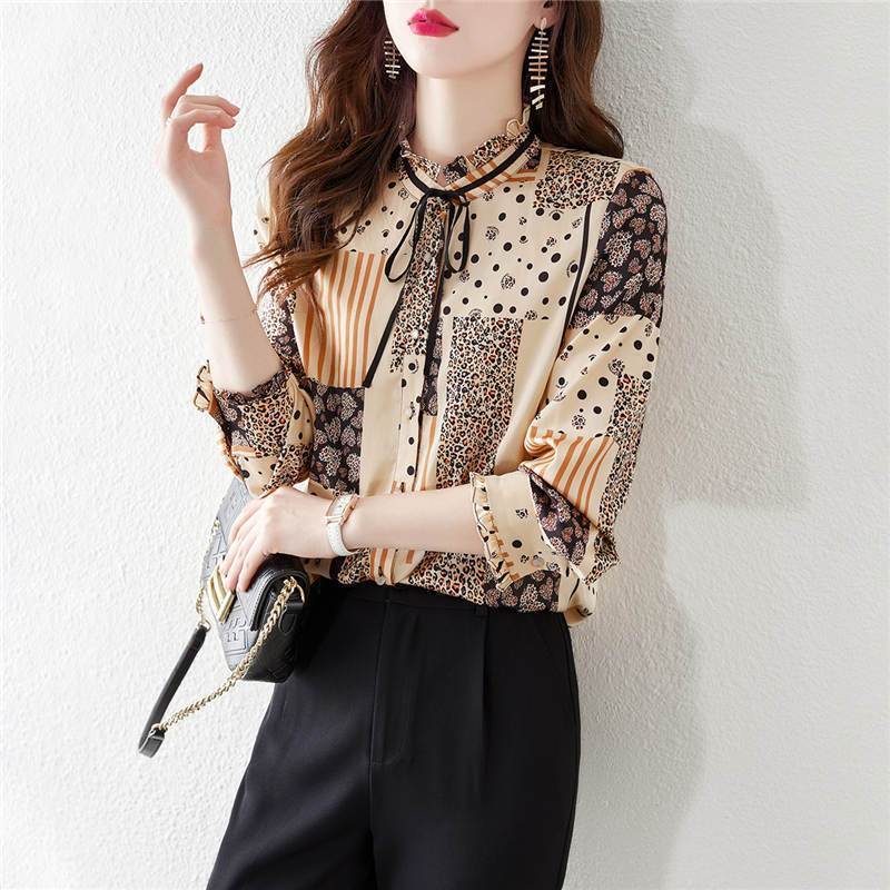 Splicing Printed Shirt Women's Long Sleeved Lace Up Ruffle Edge Shirt Casual Versatile Top