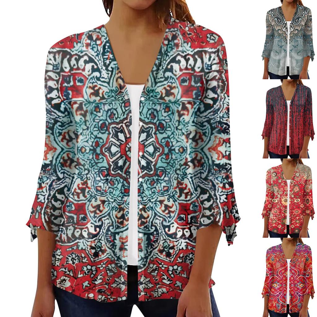 Women's Shirt Blouse Outerwear Print 3/4 Length Sleeve Casual Holiday Basic Button Tops