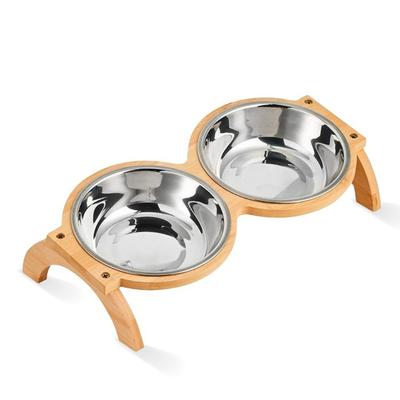 Maru5 Feeder Dish for Dogs and Cats, Wooden Stand, Double Bowl, 15 Tilt, Stainless Steel