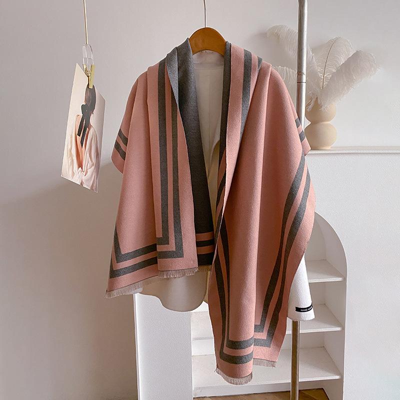 Autumn And Winter Imitation Cashmere Solid Color Geometric Line Jacquard Shawl Thickened Warm Women'S Scarf
