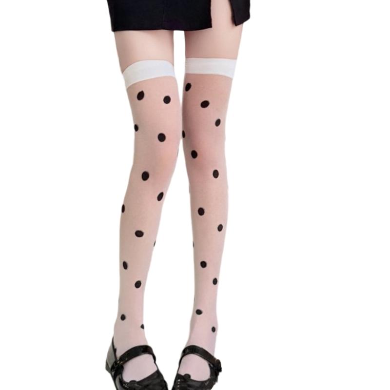 Women Stockings with Attached Garter Belt Japanese Round Dot Jacquard Pattern Sheer Pantyhose Tights Thigh High Long Socks