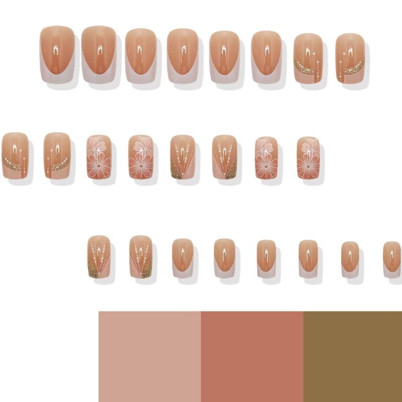 Flower Press on Nail Square False Nail Glossy Acrylic Nail Artificial Nail Full Cover Stick on Nail for Women 24Pcs