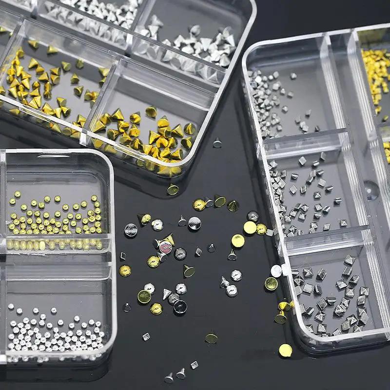 6 Grids Punk Nail Rivets Silver Gold Black Mixed Size Metal Bead Studs Round Cone Nail Art Charms Nail Parts DIY Decoration