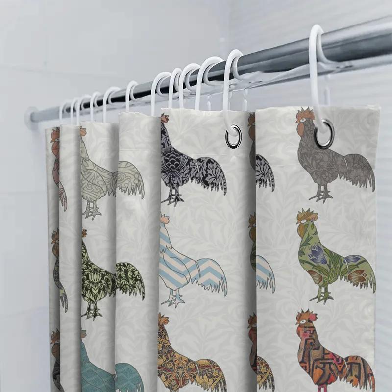 Rustic Farmhouse Decor: Handcrafted Rooster Pattern Shower Curtain For Bathroom Decoration – White Background With Blue, Green,