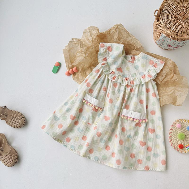 2026 Summer Girls' Colorful Polka Dot Dress with Korean Style Ruffle Collar