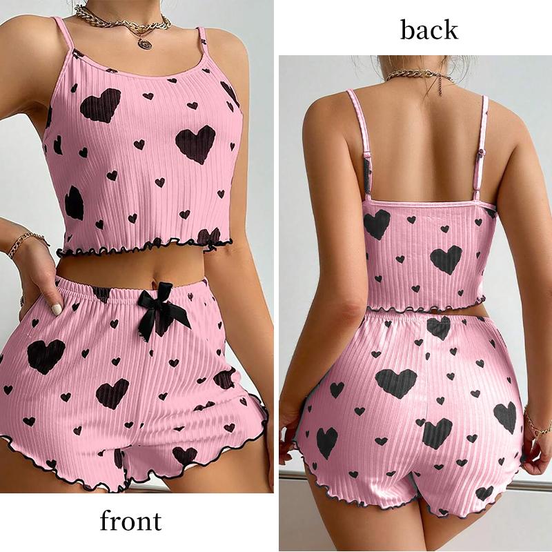 Damen Pyjama Set Nachtwäsche 2 Teile Kurze Tanktops und Shorts Weiß Belüftet Weich Lässig Liebe Druck CLE