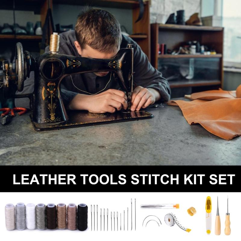 Basic Leather Sewing Tool Leather Working Tool with Sewing Needle, Waxed Thread, Stitching Awls, Leather Repair Set